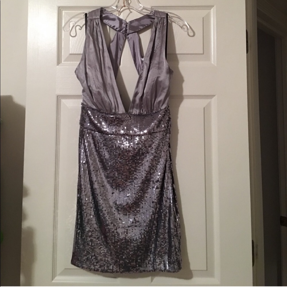 Silver Sequin V-Neck Cocktail Dress